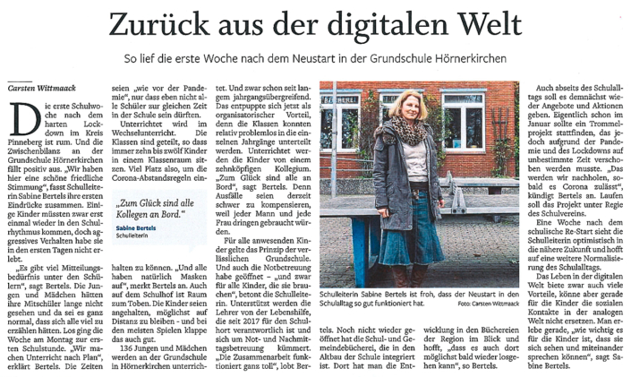 Barmstedter Zeitung vom 06.03.2021: Zurück aus der digitalen Welt über die erste Woche nach dem Neustart an der Grundschule Hörnerkirchen