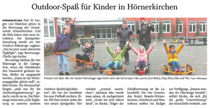 Elmshorner Nachrichten vom 23.03.2023: Outdoor-Spaß für Kinder in Hörnerkirchen. 4 neue Spiel-Fahrzeuge für die Kinder in der Betreuung der Grundschule