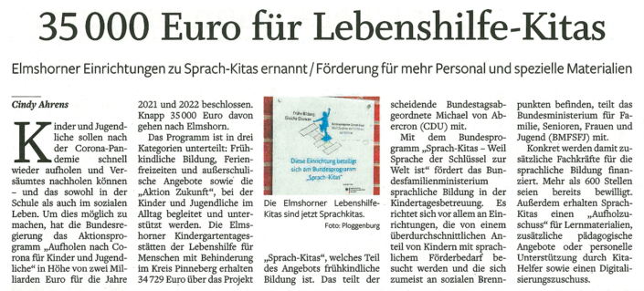 Artikel in den Elmshorner Nachrichten vom 8.10.2021: 35.000 Euro für Lebenshilfe-Kitas