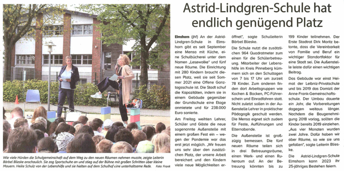 Holsteiner Allgemeine vom 11.5.2022: Astrid-Lindgren-Schule hat endlich genügend Platz