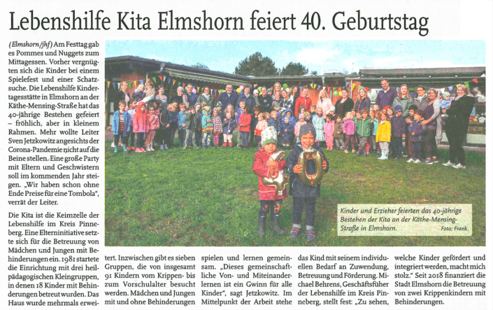 Artikel im Holsteiner Wochenende vom 9.10.2021: Lebenshilfe Kita Elmshorn feiert 40. Geburtstag