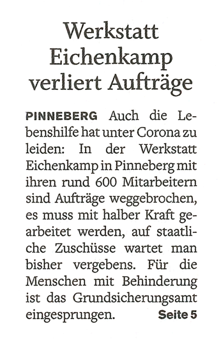 Pinneberger Tageblatt vom 12.1.2021: "Werkstatt Eichenkamp verliert Aufträge"