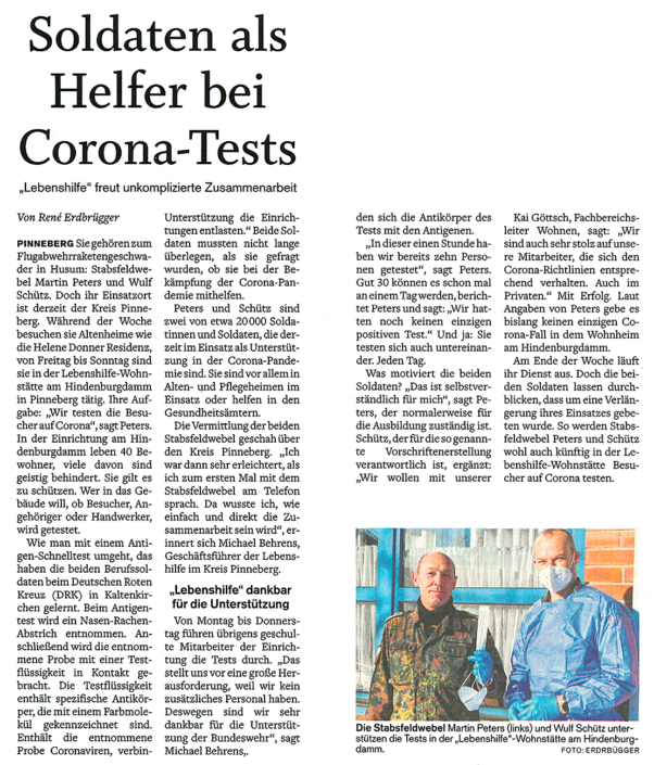 Pinneberger Tageblatt vom 18.02.2021: Soldaten als Helfer bei Corona-Tests
