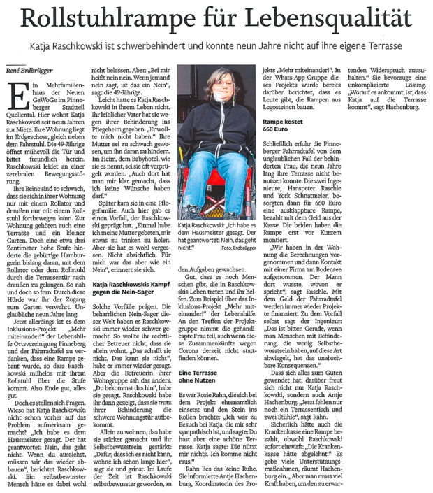 Pinneberger Tageblatt vom 08.03.2021: Rollstuhlrampe für Lebensqualität, Katja Raschkowski kommt wieder auf ihre eigene Terrasse